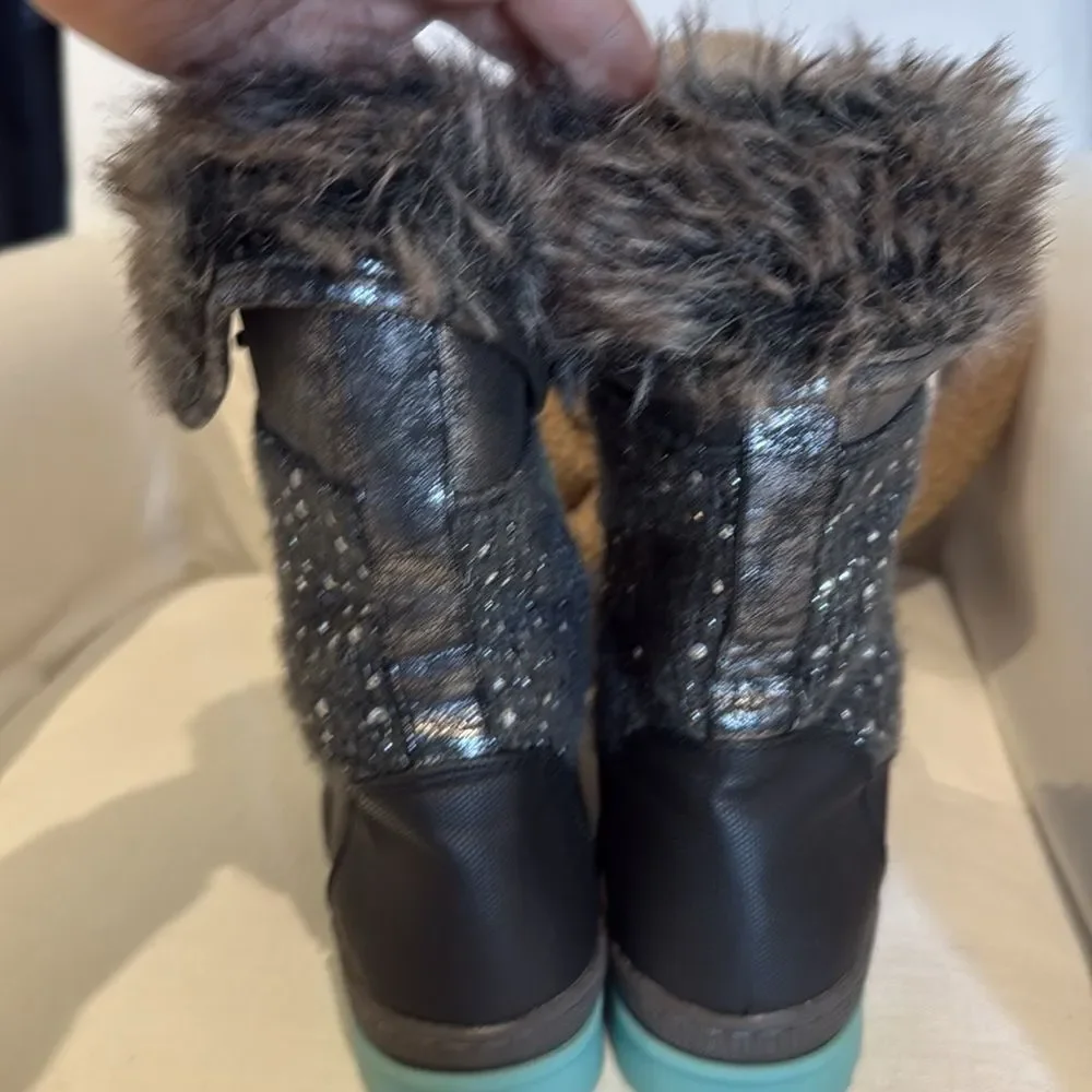 Justice Faux Fur Leather Rhinestone Lace Up Winter Boots